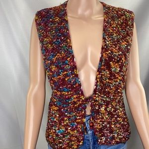 Vintage Macrame Knitted Vest Tie Closure in Front SZ L Boho Hippie Festival